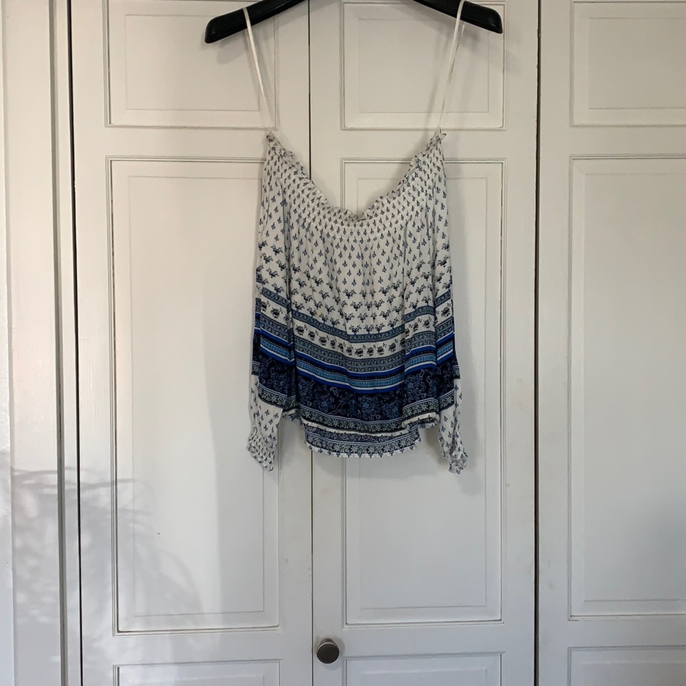 Off the shoulder blue & white paisley top